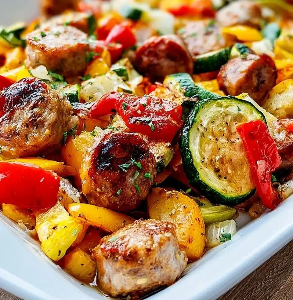 Plate of sausage, peppers, and zucchini squash dish