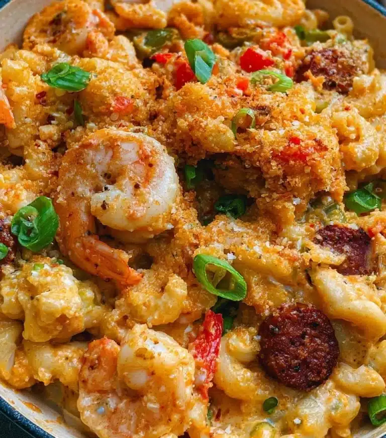 Delicious Shrimp and Sausage Mac and Cheese served in a creamy sauce