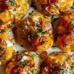 Delicious smashed potatoes topped with herbs and spices on a plate
