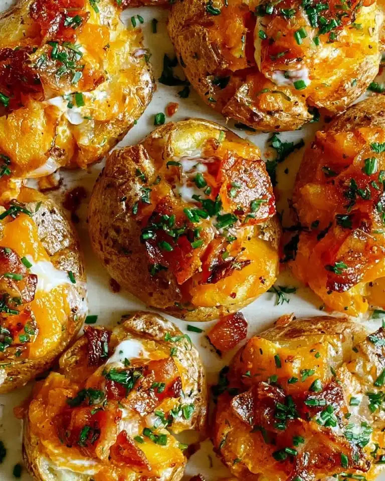 Delicious smashed potatoes topped with herbs and spices on a plate