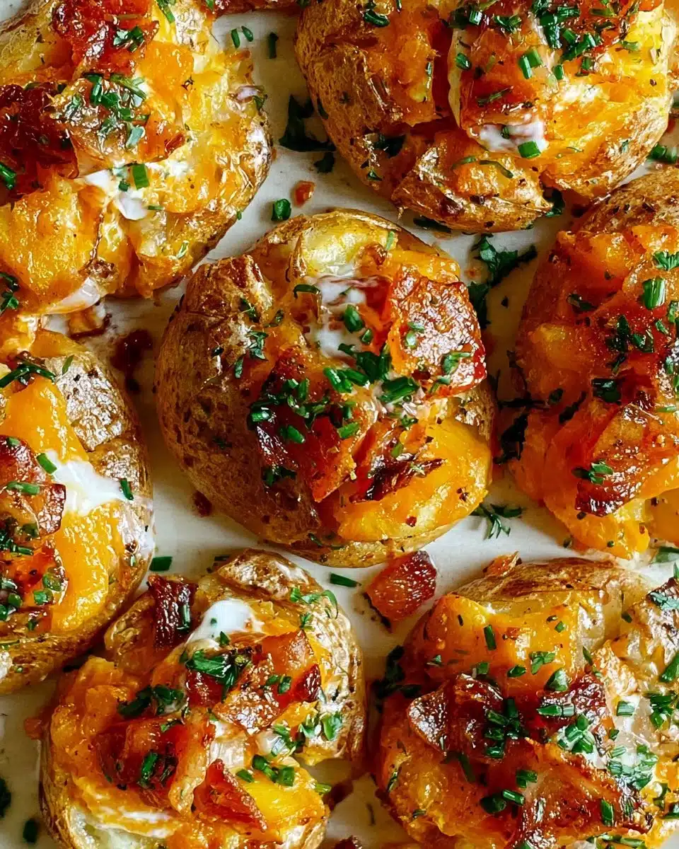 Delicious smashed potatoes topped with herbs and spices on a plate