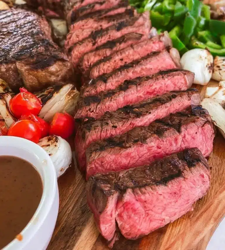 A beautifully arranged steak grazing board with assorted meats, cheeses, and garnishes.