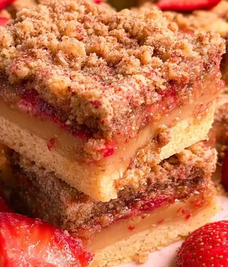 Delicious strawberry crunch blondies topped with crunchy strawberry pieces