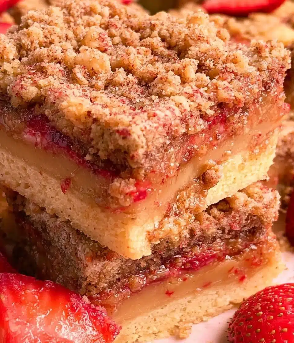 Delicious strawberry crunch blondies topped with crunchy strawberry pieces