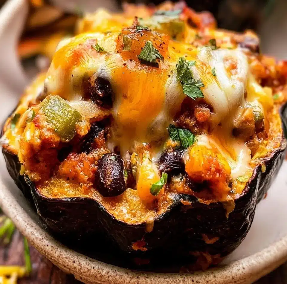 Roasted stuffed acorn squash filled with grains and vegetables