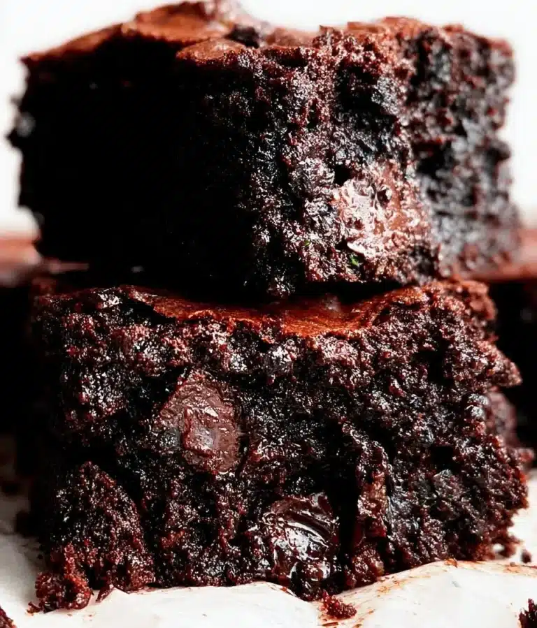 Delicious homemade zucchini brownies on a plate with chocolate drizzle.
