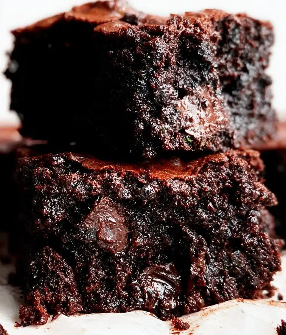 Delicious homemade zucchini brownies on a plate with chocolate drizzle.
