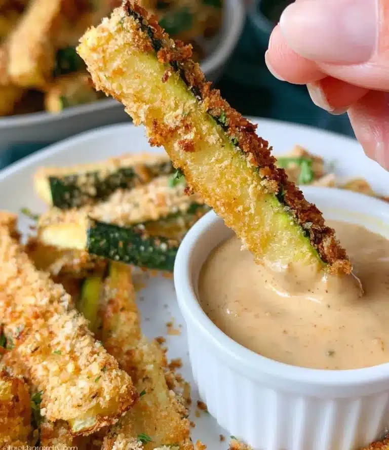 Crispy golden zucchini fries served on a plate with dipping sauce