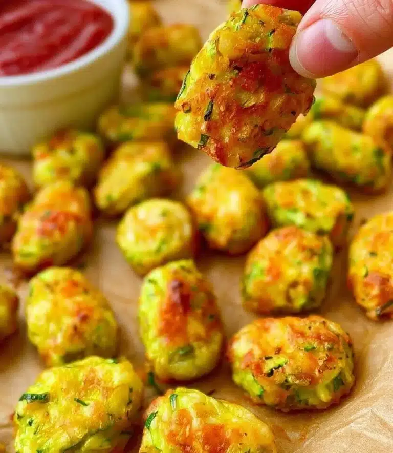 Crispy Zucchini Tots served with dipping sauce on a wooden table.