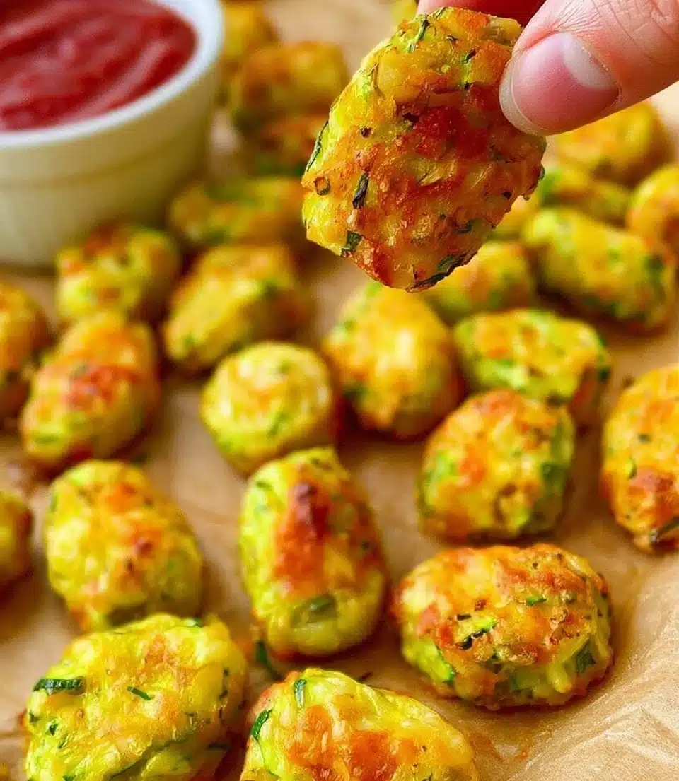 Crispy Zucchini Tots served with dipping sauce on a wooden table.