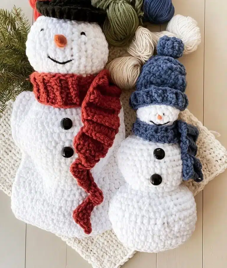 Handmade Amigurumi snowman family perfect for winter decorations