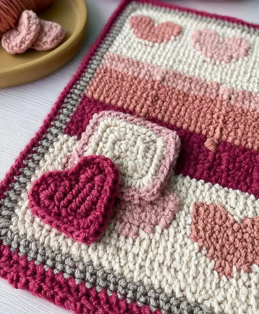 Cozy Heartstrings Mosaic Blanket showcasing vibrant colors and intricate patterns.